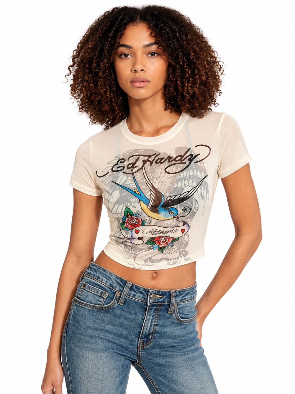 Ed Hardy Women's Cream Mesh Swallow Cropped Baby T-shirt Size Large